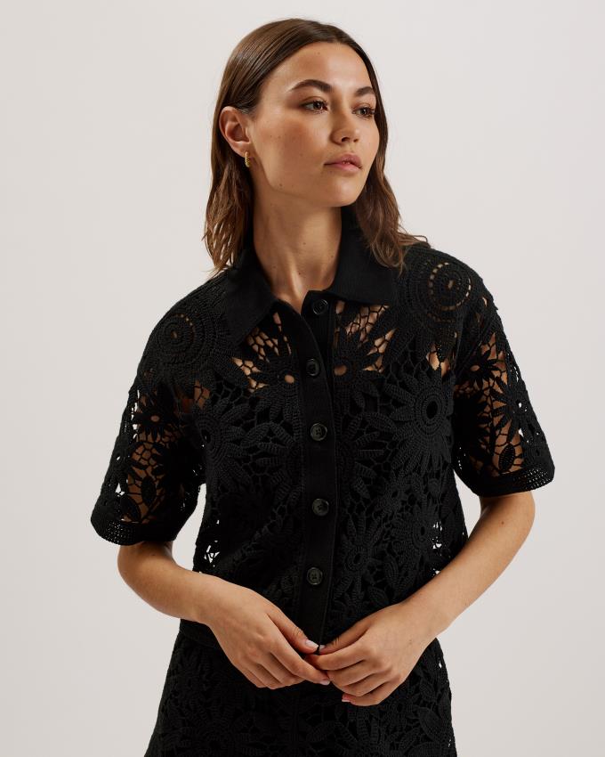 Chemises Ted Baker Floral Crochet Boxy Cropped Noir Femme | HLF-64167914